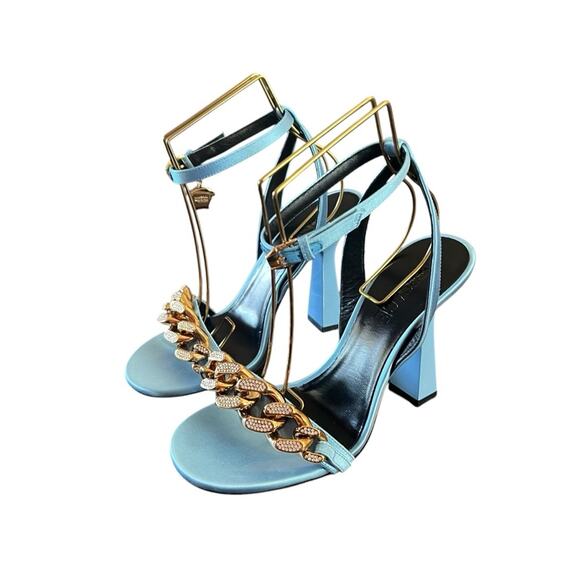 Versace Gold Chain Ankle Strap High Heel Sandals Ice Blue NEW EU 38 US 8 - Picture 1 of 12